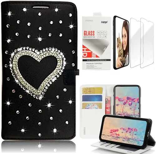 Vista 10 de Bling Wallet - Funda de cuero compatible con Samsung Galaxy A32 5G, elegante, diseño de corazón y corona hecha a mano en 3D con protector