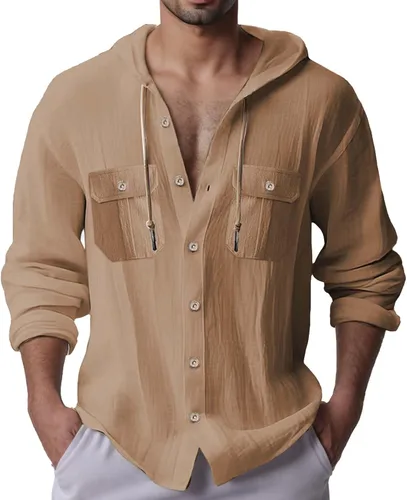 Vista 10 de Sudaderas con capucha de lino y algodón para hombre, camisas guayabera de manga larga con capucha con cordón y botones, camisas de playa