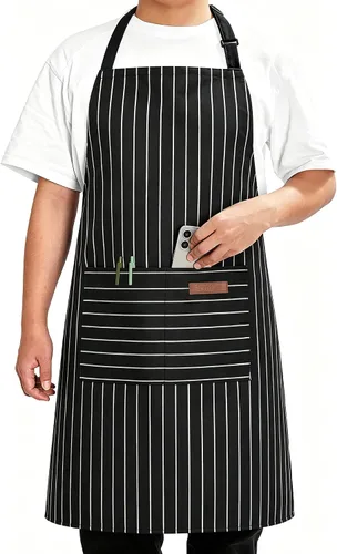Vista 14 de Syntus Delantal de chef para hombres y mujeres, delantal de cocina con bolsillos, delantales ajustables resistentes a las manchas Negro