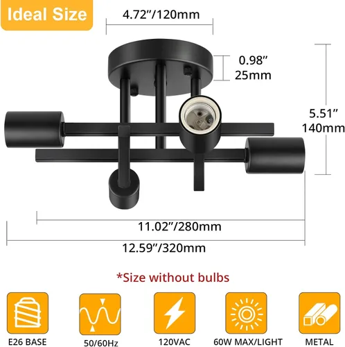 Vista 2 de SunRider Lámpara de Techo Industrial Semiempotrada de 4 Luces, Luces de Casa de Campo Moderna Negro Mate, Candelabro Rústico Sputnik para Dormitorio