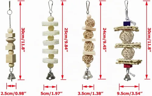Vista 2 de BWOGUE Paquete de 7 juguetes para loros de pájaros, juguetes de madera natural para masticar, escalar, colgar y hamaca para periquitos pequeños