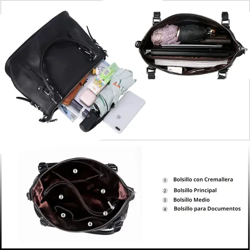 Vista 6 de HESHE - Carteras y bolsos de cuero genuino para mujer, bolso de mano, bolso de hombro, bolso de asa superior, bolso cruzado, bolso tipo morral