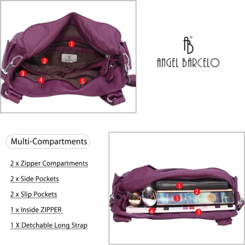 Vista 227 de Angel Barcelo - Bolsa de hombro amplia para mujer, diseño Hobo, cuero lavado