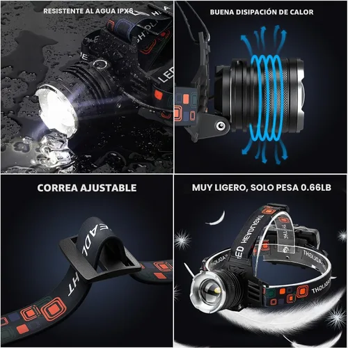 Vista 6 de NJ FOREVER - Linterna frontal LED recargable, 3000 lúmenes, súper brillante, con 5 modos, ajustable a 90°, recargable por USB, impermeable