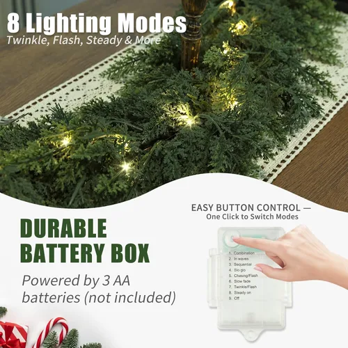 Vista 9 de Guirnalda de Navidad realista con luces, 8 modos de iluminación, 6 pies, tacto real, exuberante, guirnalda artificial de cedro preiluminada