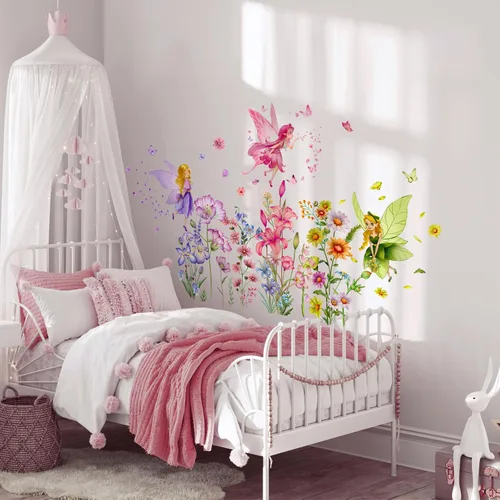 Vista 4 de Supzone Pegatinas de Pared de Hada de Flores Calcomanías de Pared de Niña Mariposa Pegatinas de Arte de Pared de Vinilo Removible para Niñas Bebé