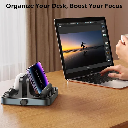 Vista 7 de Soporte vertical para laptop, 3 ranuras para ahorrar espacio, soporte de escritorio de aluminio con base ajustable compatible con MacBook Surface