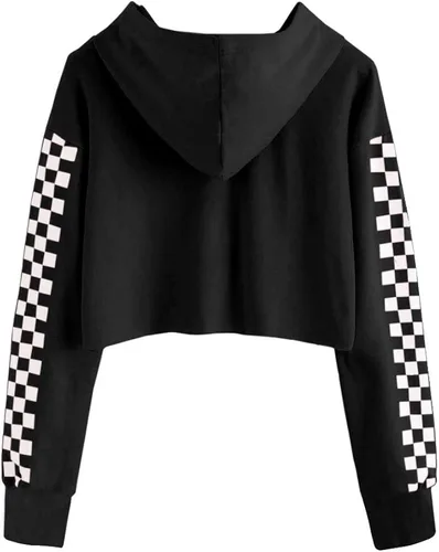 Vista 2 de Imily Bela - Sudadera corta con capucha, con bonitos cuadros, manga larga, a la moda, para niña