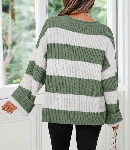 Vista 50 de ZESICA Suéter tejido sin botones de manga larga y cuello redondo, a rayas, bloques de color, cómodo, holgado, talla extragrande para mujer de 2024