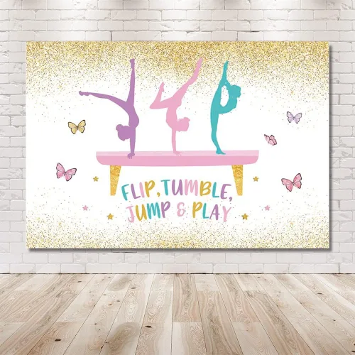 Vista 6 de MEHOFOND Telón de fondo de gimnasia de cumpleaños para niñas, gimnastas, volteador, saltar y jugar, suministros de decoración de fiesta, fondo