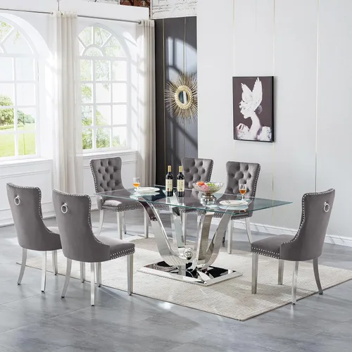 Vista 43 de Moderno juego de mesa de comedor de cristal de 5 piezas para 4, 70 pulgadas rectangular con 4 sillas copetudas de terciopelo beige, juego de mesa
