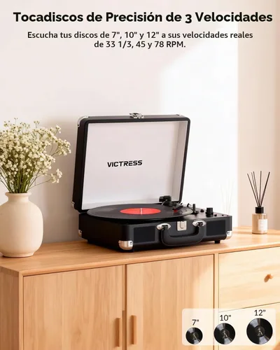 Vista 2 de Tocadiscos de vinilo con entrada y salida Bluetooth, tocadiscos portátil vintage de maleta, tocadiscos LP de 3 velocidades con conversión de vinilo