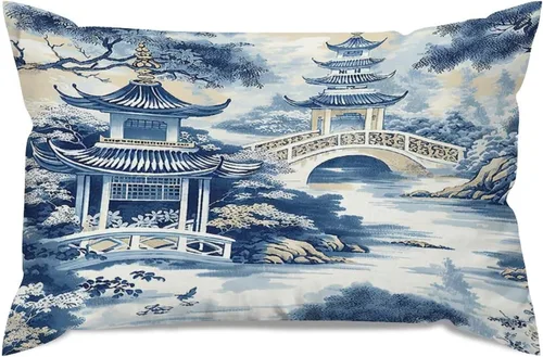 Vista 33 de Chinoiserie - Fundas de almohada decorativas de porcelana azul y blanca con patrón de edificios de estilo chino de 12 x 20 pulgadas, fundas de cojín