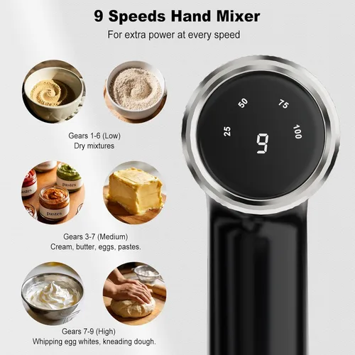 Vista 2 de Camic Electric Hand Mixer with 9 Speeds, Powerful Motor, Cordless Hand Mixer with Whisk, Dough Hook and Mixing Rod for Whipping Eggs, Cream, Butter