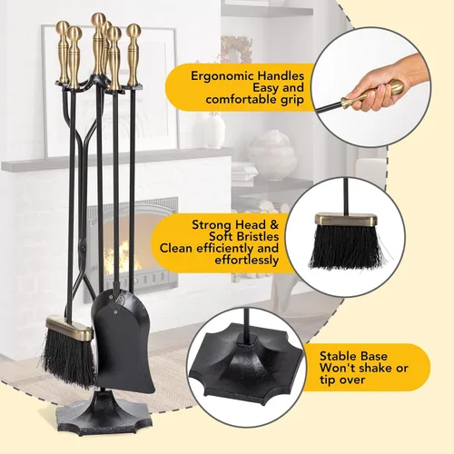Vista 4 de nalone Juego de 5 herramientas para chimenea, asas de latón, accesorios de chimenea de hierro forjado con póquer, pinzas, pala, cepillo
