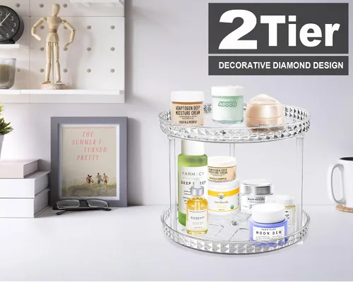 Vista 2 de Organizador de baño Lazy Susan de 2 niveles, organizador de maquillaje cosmético giratorio transparente de 360 grados para tocador, organizador