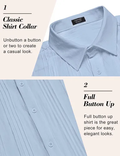 Vista 5 de COOFANDY Camisas de lino de algodón para hombre, ajuste relajado, manga corta, camisa con botones, plisada, guayabera