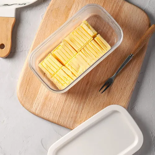Vista 4 de Caja cortadora de mantequilla, plato de mantequilla de plástico con tapa, cortador de mantequilla de acero inoxidable, recipiente rectangular