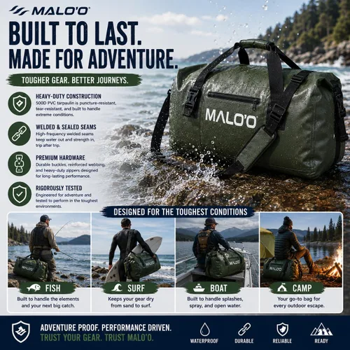 Vista 7 de Bolsa de lona impermeable Malo’o, bolsa de equipo resistente enrollable impermeable con correas para el hombro y bucles Molle, bolsa marina de lona