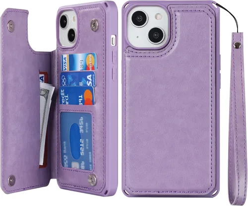 Vista 10 de iCoverCase Funda compatible con iPhone 14 Plus con tarjetero para mujer, bloqueo RFID en relieve, piel sintética con correa de muñeca de 6.7