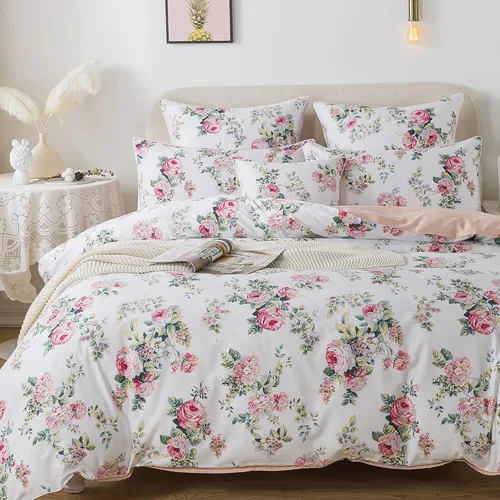 Vista 11 de FADFAY Juego de funda de edredón tamaño individual azul con flores de rosa y peonía, ropa de cama rústica con flores de peonía, juego de funda