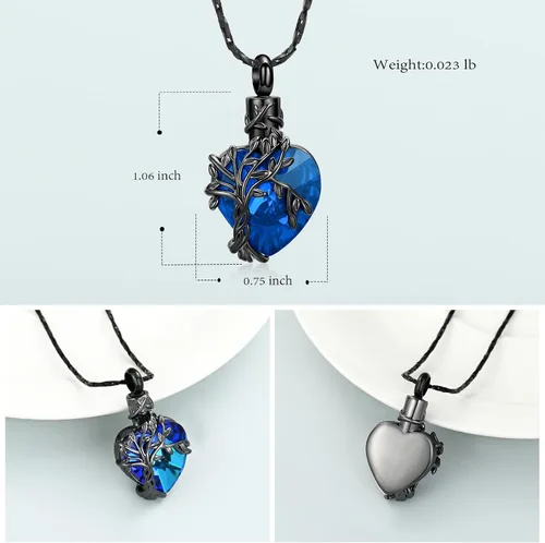 Vista 22 de Imrsanl Collar de urna de árbol de la vida con forma de corazón, joyería de cremación para hombres y mujeres, recuerdo, joyería conmemorativa