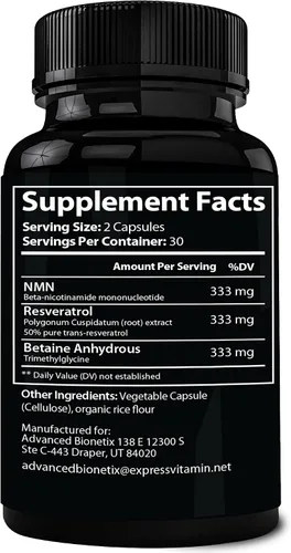 Vista 6 de Advanced Bionetix Cápsulas NMN Resveratrol Betaína (TMG) – NAD+ refuerzo de apoyo para energía celular, longevidad, salud metabólica vitalidad