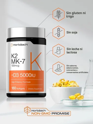 Vista 5 de Horbäach Vitamina D3 K2 5000 UI Complejo de 100 mcg MK-7 180 Cápsulas Blandas Suplemento sin OMG y sin gluten