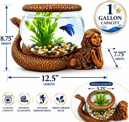 Vista 5 de Jarrón Decorativo de Sirena Mística – Acuario de Vidrio de 1 Galón, Terrario o Portavelas Figura de Sirena Antigua Dorada con Jarrón, Anillo