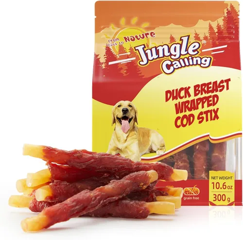 Vista 11 de Jungle Calling 35 golosinas para perros sin cuero crudo, palitos de bacalao envueltos en pollo de 4.5 pulgadas para perros, masticables de larga