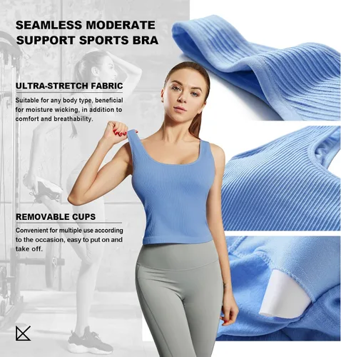 Vista 4 de Camiseta sin mangas para mujer, brasier integrado, cuello redondo, para entrenamiento, acanalado, deportivo, acolchado, sin costuras, ombligueras