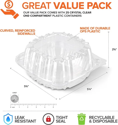 Vista 2 de Stock Your Home - Envase de plástico para llevar alimentos y postres, 25 unidades de 5 x 5 pulgadas, envases de plástico con bisagras, desechables