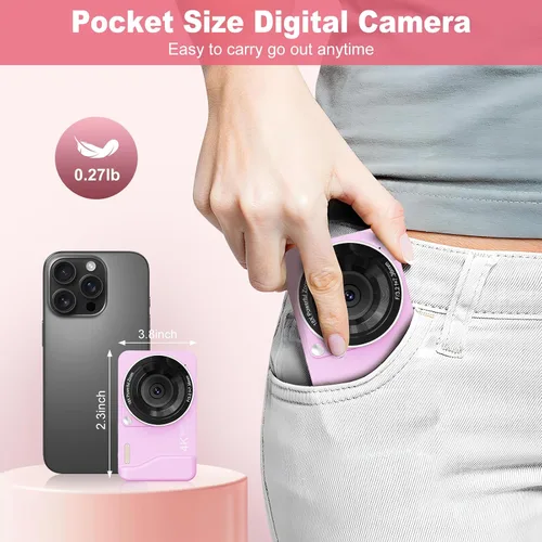 Vista 3 de Cámara digital, 4K 64MP, 18X Zoom, cámara de punto y disparo digital con tarjeta TF de 64GB y 2 baterías, cámara pequeña recargable portátil