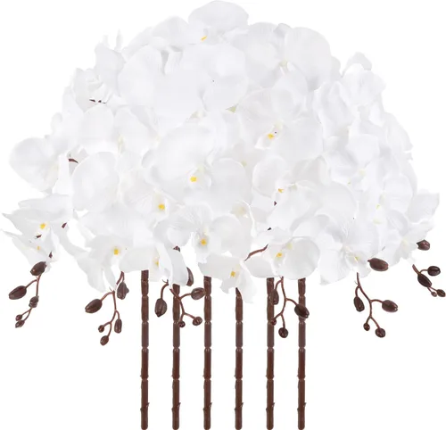 Vista 19 de Orquídeas artificiales de 38 pulgadas, 6 unidades, orquídeas falsas rosas, orquídeas de seda de terciopelo, flores artificiales de tallo largo