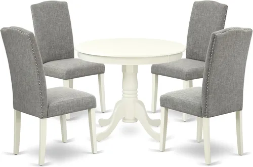Vista 14 de East West Furniture ANEN3-LWH-06 - Juego de mesa de cocina de 3 piezas contiene una mesa de comedor redonda con pedestal y 2 sillas de comedor