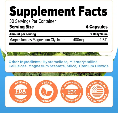 Vista 3 de Glicinato de magnesio de 480 mg - Suplemento de magnesio de alta absorción que ayuda al alivio del estrés, sueño, salud cardíaca, nervios, músculos