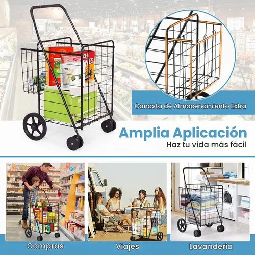 Vista 6 de COSTWAY Carrito de compras plegable, carrito de comestibles de metal con cesta adicional Ruedas delanteras giratorias de 360° y mango cómodo, Negro