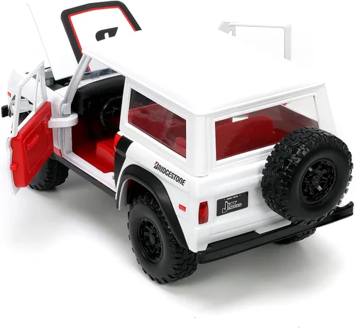 Vista 5 de Jada Just Trucks 1:24 1973 Ford Bronco Bridgestone - Portaneumáticos fundido a presión, juguetes para niños y adultos (blanco y rojo)