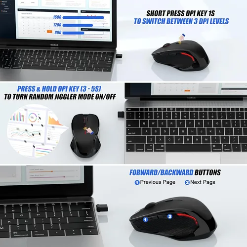 Vista 6 de Mouse inalámbrico Bluetooth para Mac Pro MacBook Air, mouse recargable con mouse Jiggler, interruptor de 3 modos Bluetooth 5.2/3.0 y receptor Negro