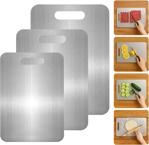 Vista 7 de Tabla de cortar de titanio para cocina, juego de tablas de cortar de acero inoxidable 304 para frutas, carne y verduras (12 x 8 pulgadas)