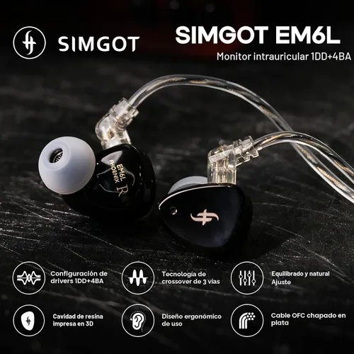 Vista 2 de Linsoul SIMGOT EM6L - Audífonos intraurales híbridos de monitor de 1DD + 4BA, auriculares para juegos, audífonos IEM HiFi con carcasa de resina