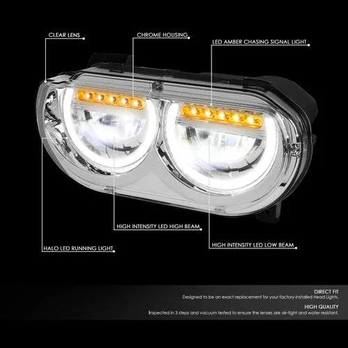 Vista 2 de DNA MOTORING HL-HAY-020-CH Par de faros de halo completos con señal de giro secuencial LED, medio anillo, compatible con modelos 08-14 Dodge