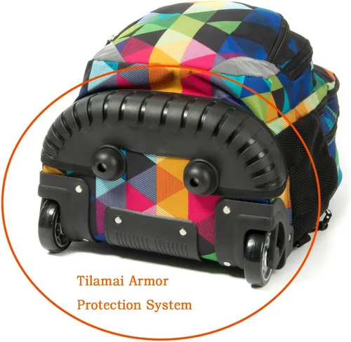Vista 4 de Tilami Mochila rodante Armadura Equipaje Escuela Libro de Viaje Portátil 18 Pulgadas Mochila con Ruedas Multifunción Estudiantes, Azul geométrico