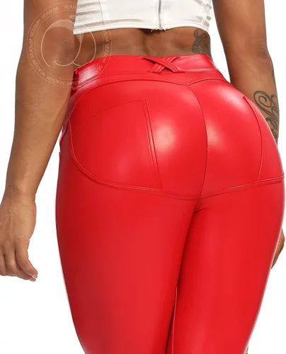 Vista 5 de SEASUM - Leggings de cuero sintético para mujer, pantalones elásticos, de cintura alta y realce de glúteos, pantalones sexis color negro