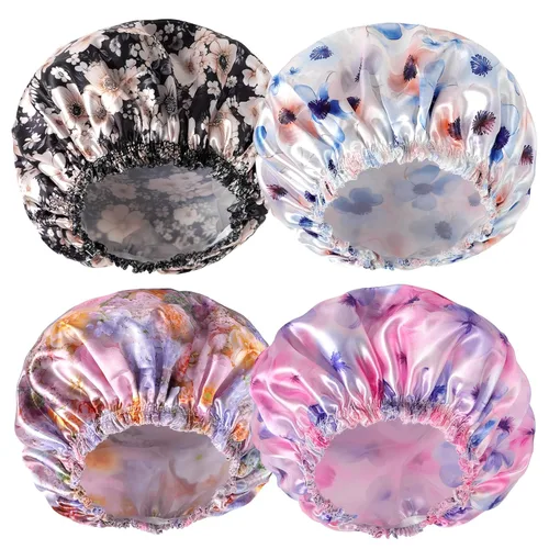 Vista 25 de 4 piezas de gorros de ducha para mujer, gorros de baño con estampado, gorro de ducha de doble capa reutilizable e impermeable, gorros de ducha