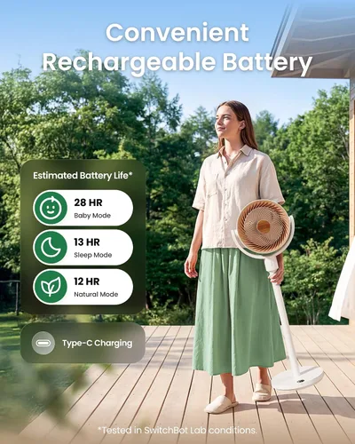 Vista 3 de SwitchBot Ventilador de pedestal inteligente, ventilador oscilante recargable para dormitorio, con cable e inalámbrico, ventilador de piso