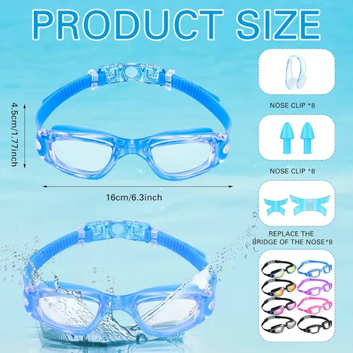 Vista 2 de Fabbay 8 gafas de natación sin fugas para niños y adultos, protección UV, gafas de natación impermeables con clip para la nariz