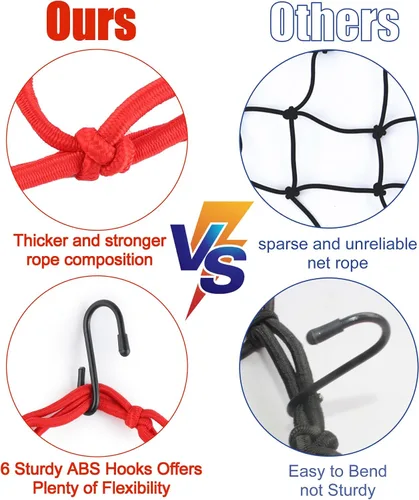 Vista 4 de Amiss 2 paquetes de red elástica de carga para motocicleta de 15 x 15 pulgadas, red elástica resistente con 6 ganchos de plástico ajustables, red