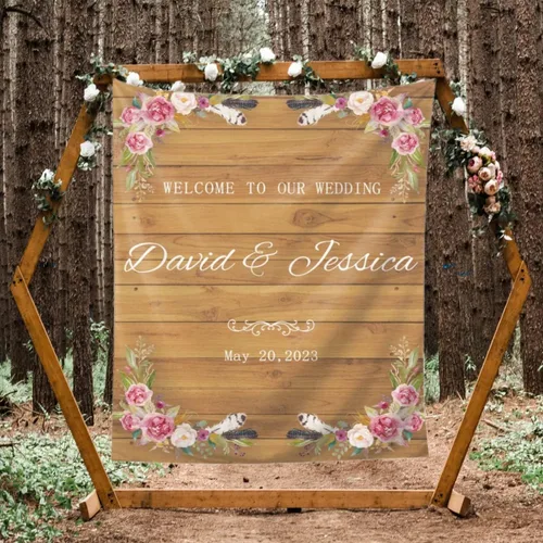 Vista 12 de Telón de fondo de boda personalizado, tapiz de felicitaciones de flores coloridas personalizado con nombres y fecha, pancarta de boda personalizada