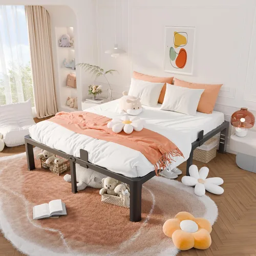 Vista 2 de Firpeesy - Base de cama de 18 pulgadas tamaño matrimonial con esquinas redondeadas y agujeros para cabecera, sujetadores de colchón, soporte